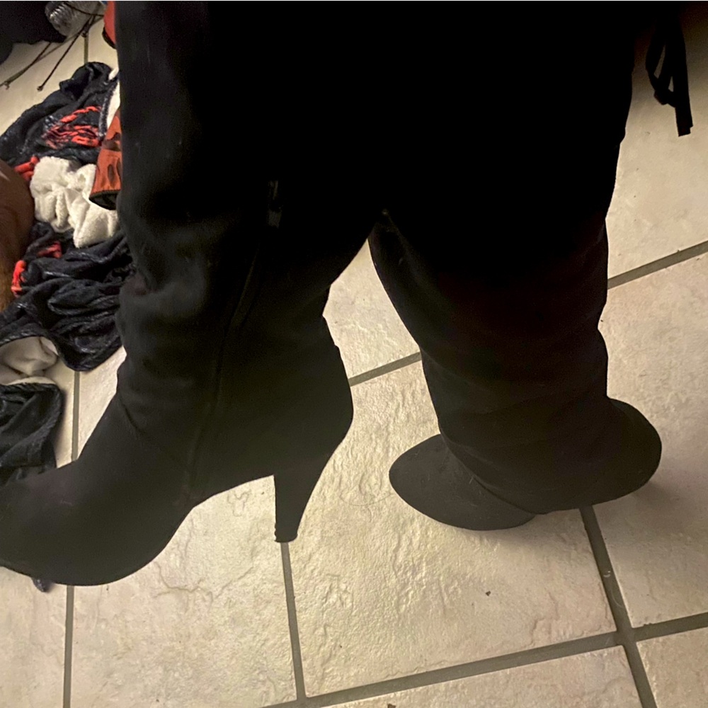 Black faux suede sexy thigh high boots zipper